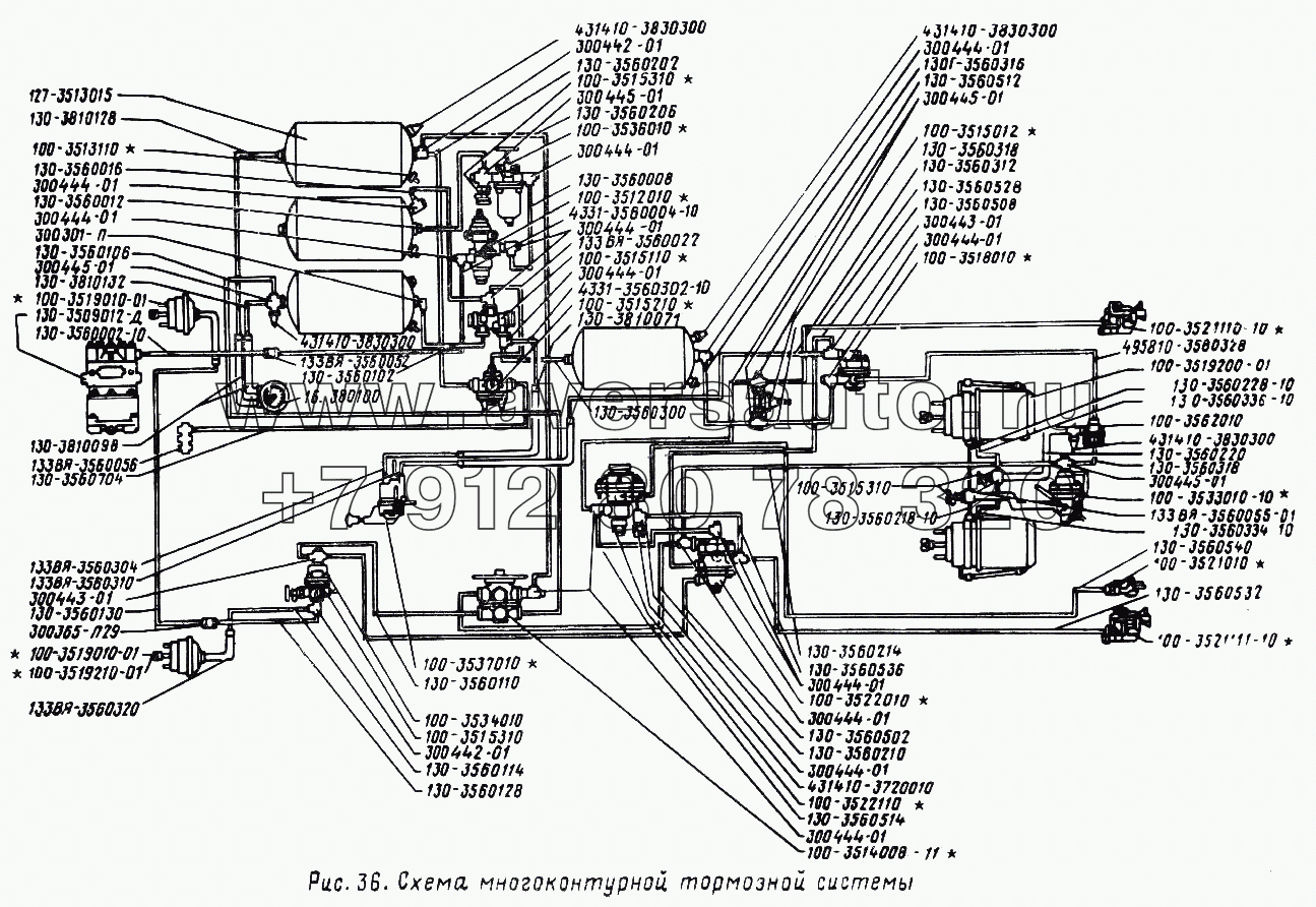 Схема многоконтурной тормозной системы