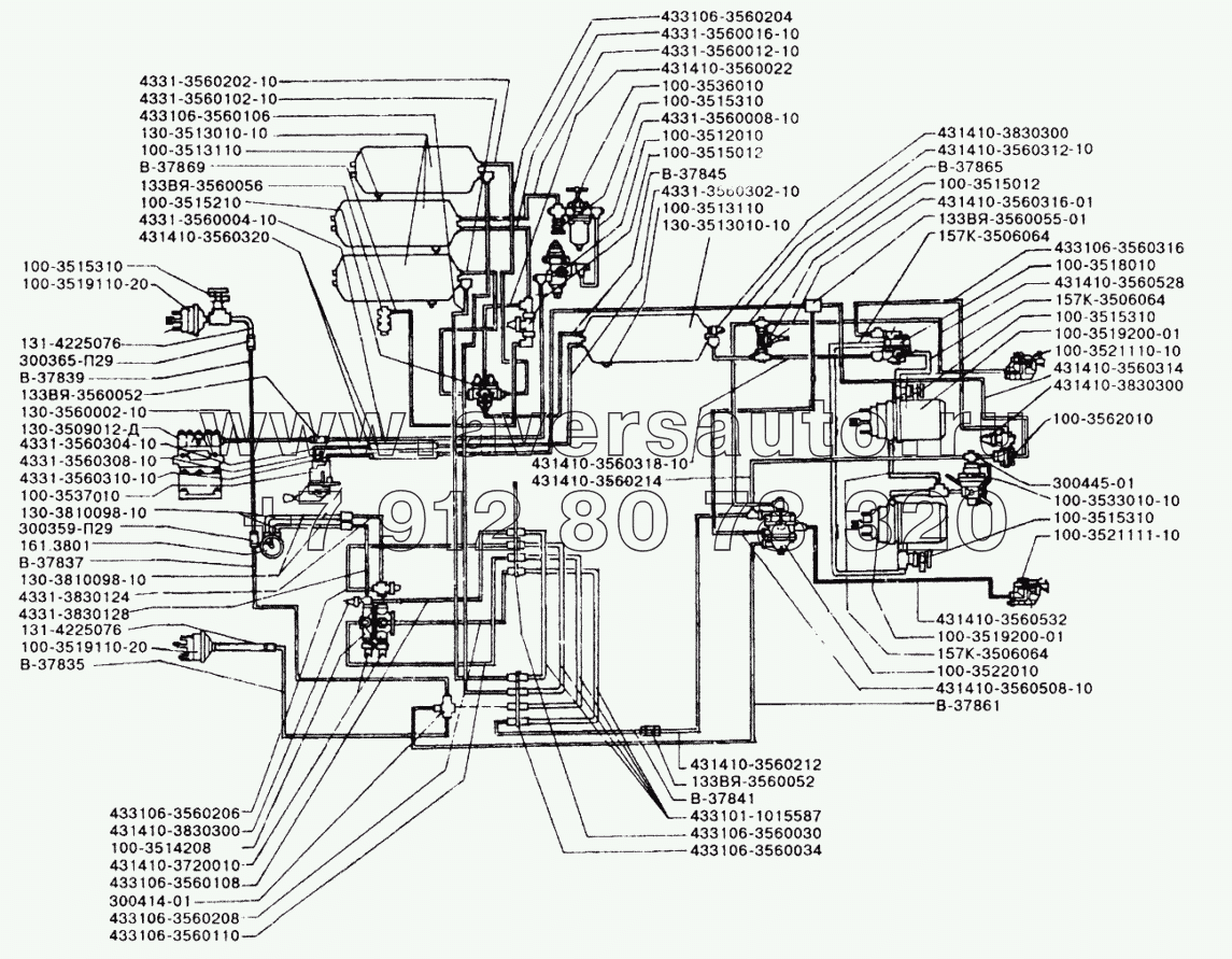 Пневматическая схема привода тормозных систем с предохранителем от замерзания автомобилей ЗИЛ-433360, ЗИЛ-442160 и ЗИЛ-494560