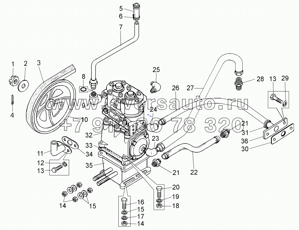  Установка компрессора пневматических тормозов на самосвале БелАЗ-7547;Mounting of pneumatic brake compressor on dump truck BELAZ-7547