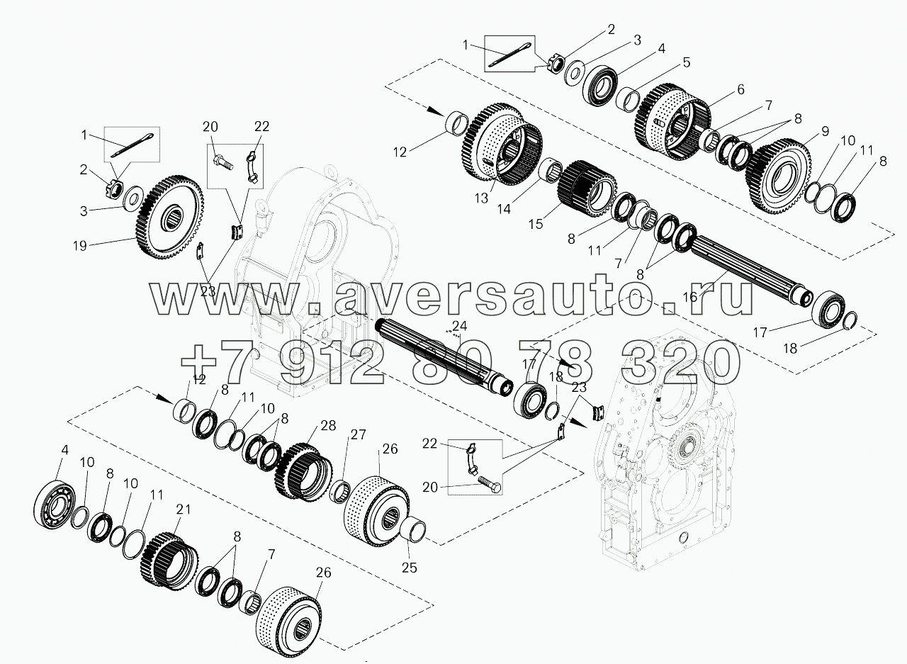  Коробка передач. Установка реверсивного и диапазонного валов;Gearbox. Mounting of reverse shaft and wide-range shaft