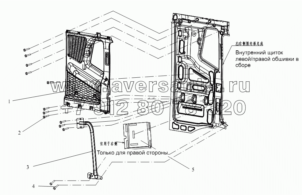 Внутренняя облицовка боковой обшивки и блок задней скобы (высокая крыша)