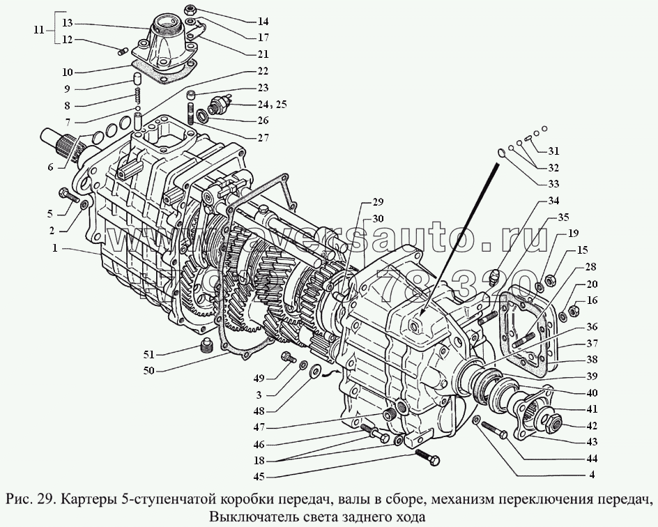 Картеры 5-ступенчатой коробки передач, валы в сборе, механизм переключения передач, выключатель света заднего хода