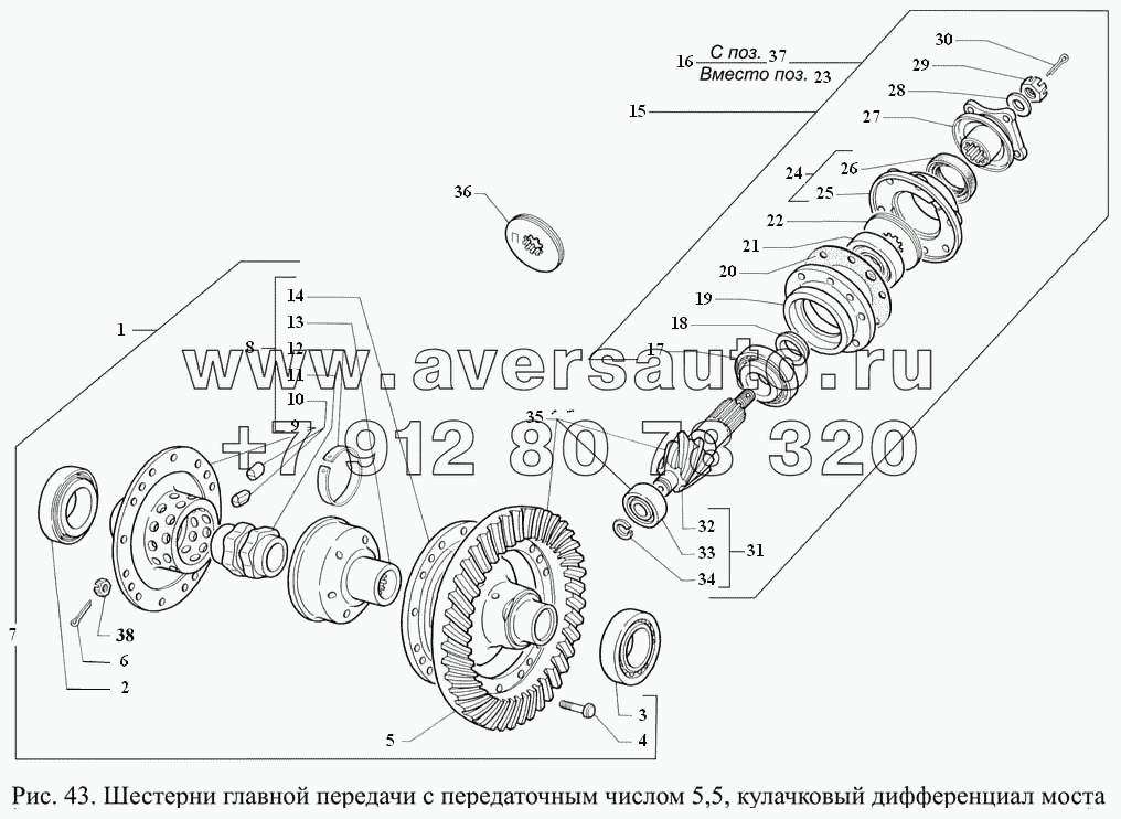 Шестерни главной передачи с передаточным числом 5,5, кулачковый дифференциал моста