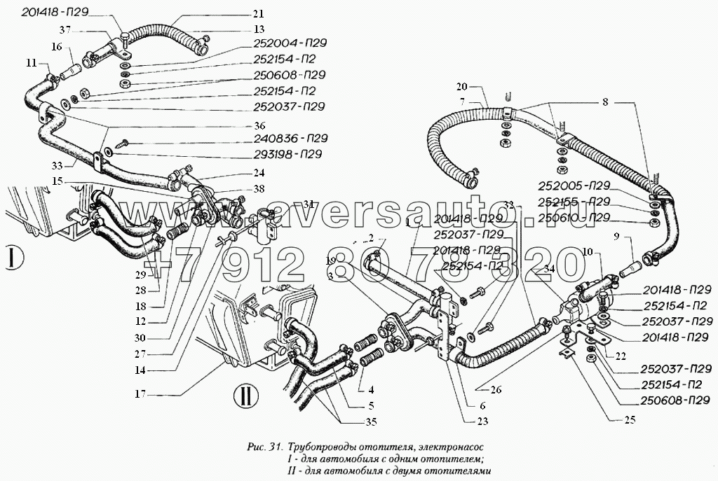 Трубопроводы отопителя, электронасос: I - для автомобилей с одним отопителем, II - для автомобиля с двумя отопителями