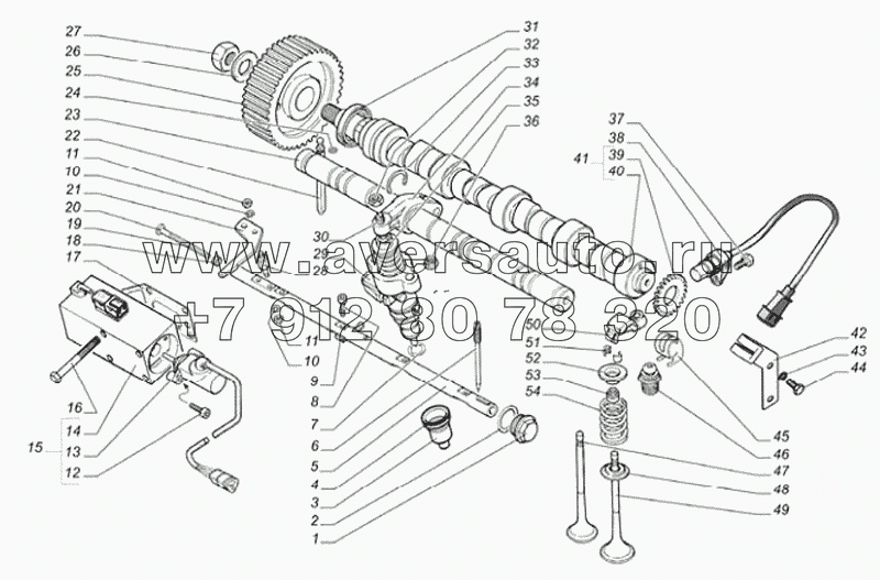 Вал распределительный, ось коромысел, насос-форсунки и клапаны, сервомагнит с датчиком положения рейки и датчик числа оборотов системы управления двигателем