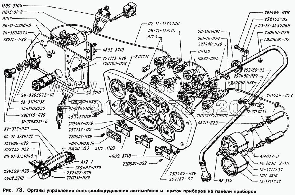 Щиток приборов на панели приборов, органы управления электрооборудования автомобиля