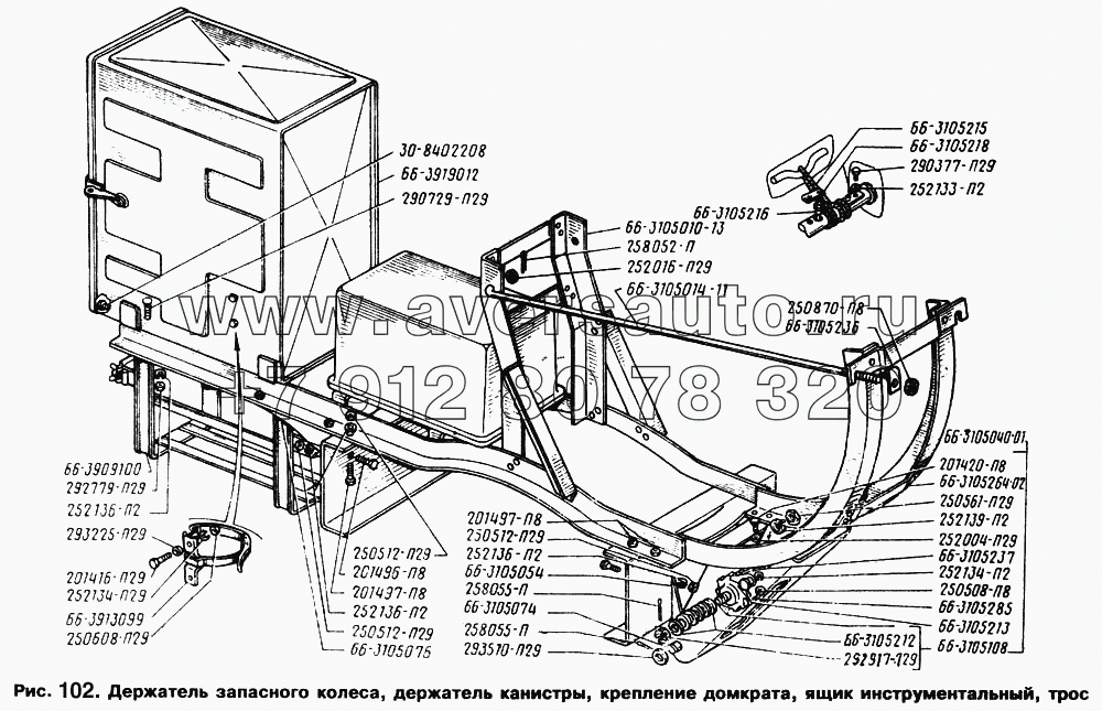 Держатель запасного колеса, держатель канистры, крепление домкрата, ящик инструментальный, трос