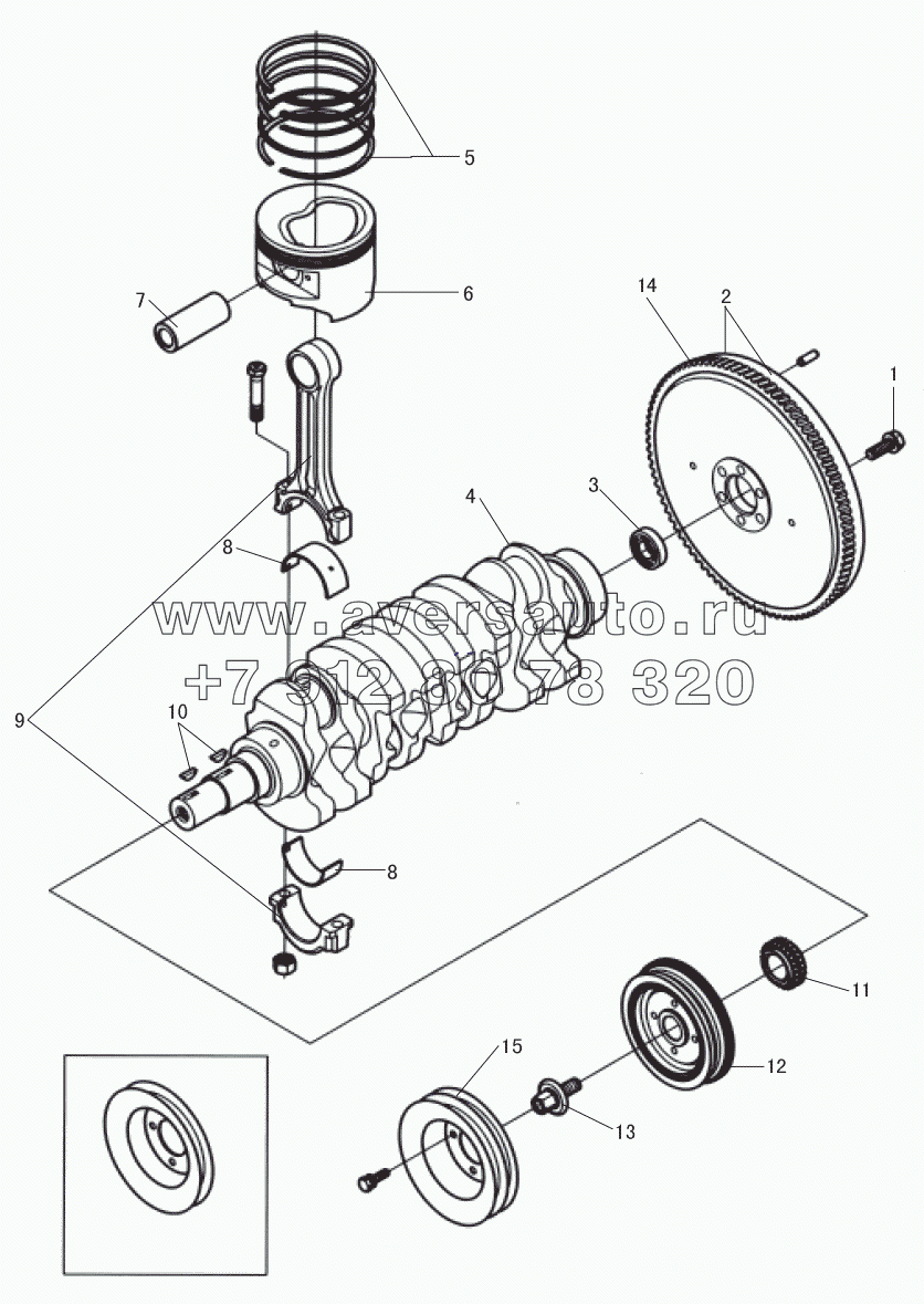 Crank shaft flying wheel and piston connecting rod assembly
