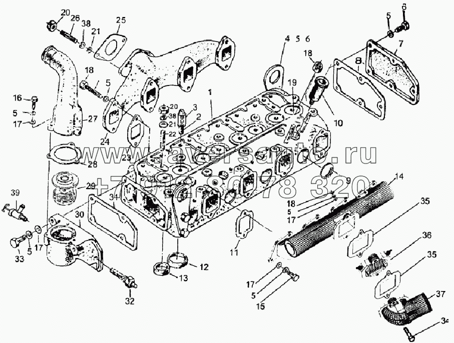 Cylinder head,thermostat, intake manifold and exhaust manifold