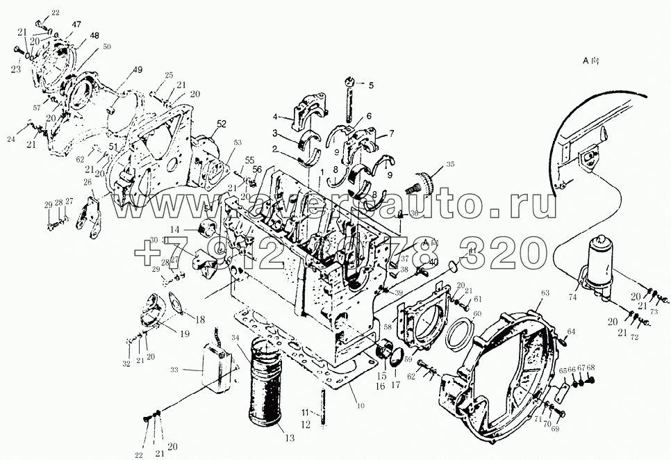 Cylinder block, timing gear casing and flywheel housing