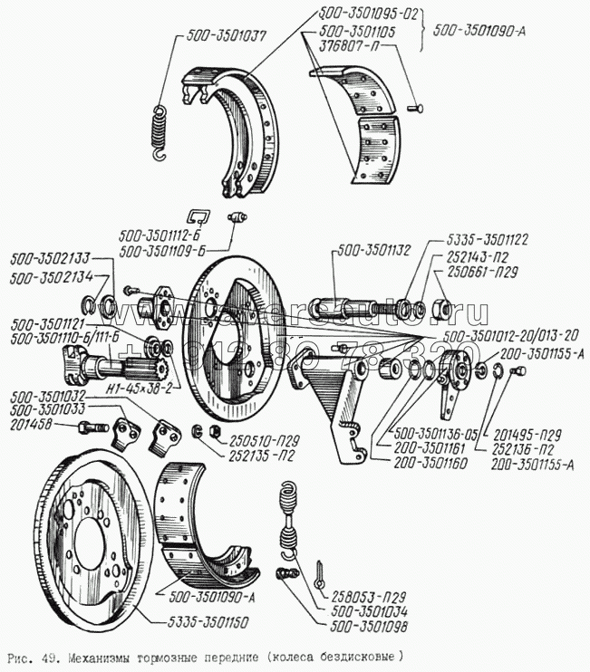 Механизмы тормозные передние (колеса бездисковые)