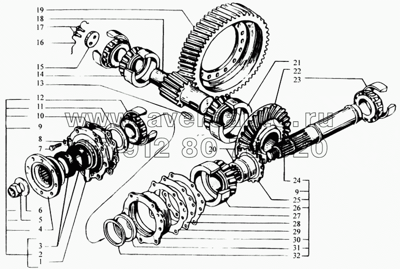 Редуктор главной передачи заднего моста (валы и шестерни)