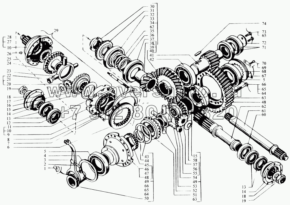 Редуктор главной передачи среднего моста (валы и шестерни)