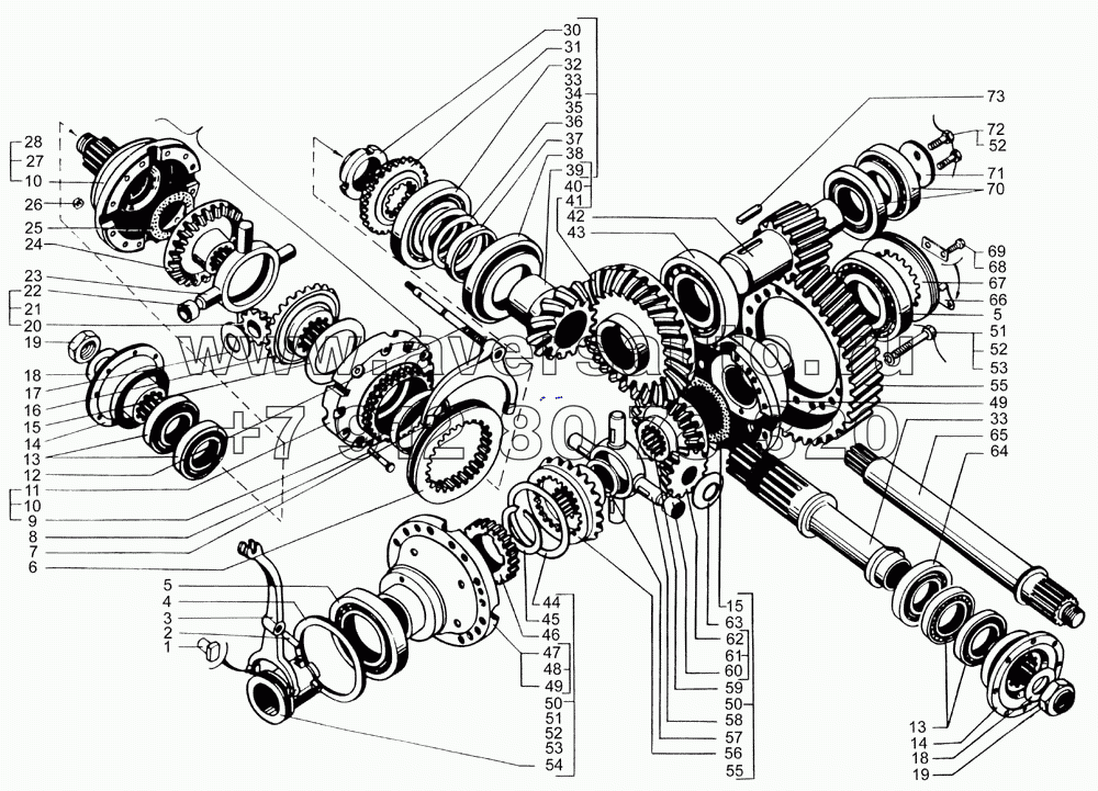 Редуктор главной передачи среднего моста (валы и шестерни)