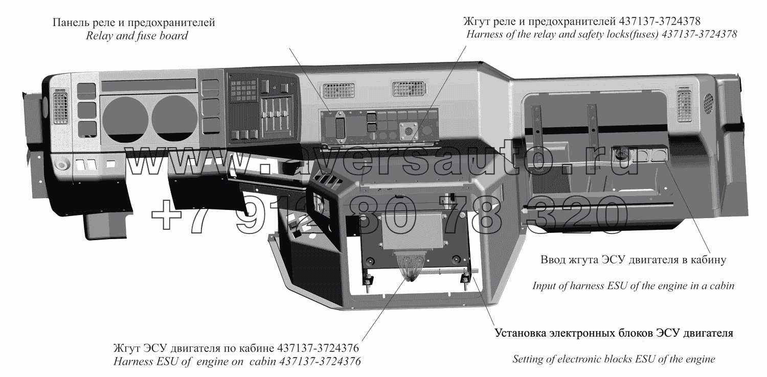 Расположение элементов систем ЭСУ в кабине автомобиля 437137-3800060