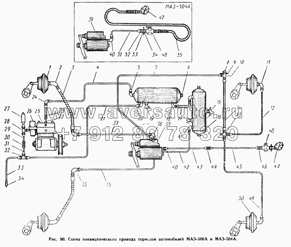 Схема пневматического привода тормозов автомобилей МАЗ-500А и МАЗ-504А