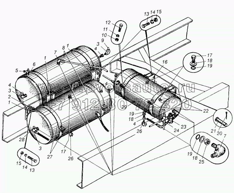 Крепление воздушных баллонов автомобиля МАЗ-5335