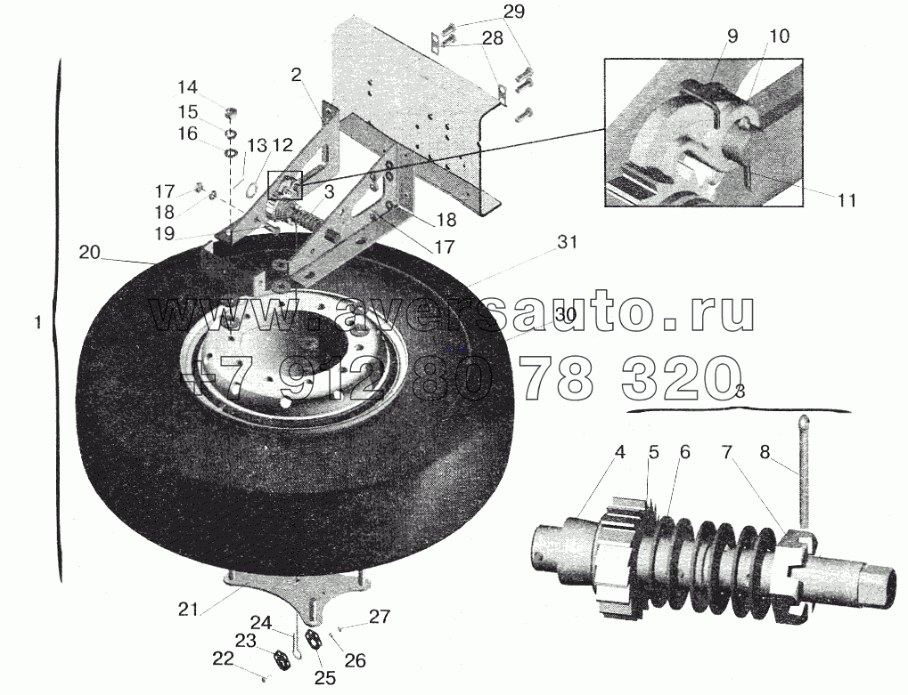 Установка запасного колеса МАЗ-543208, 543205, 543203, 543202, 555102