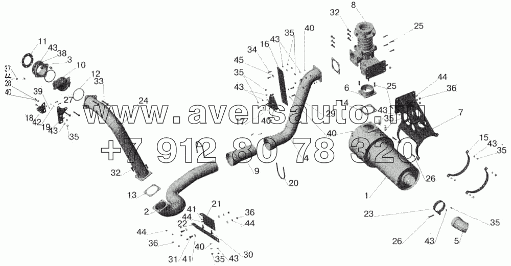 Установка системы выпуска отработавших газов МАЗ-551605 с КПП МАЗ-543205 и обогревом кузова