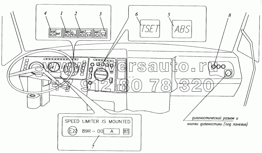 Расположение элементов АБС в кабине автомобилей семейства МАЗ-64221 (с малой кабиной)