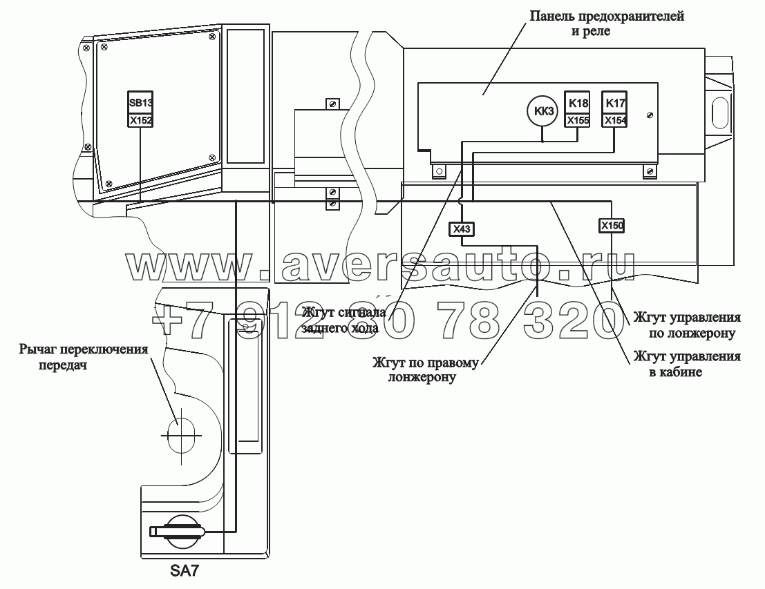 Расположение разъемов и элементов электрооборудования управления подъемом и опусканием платформы, звукового сигнала заднего хода