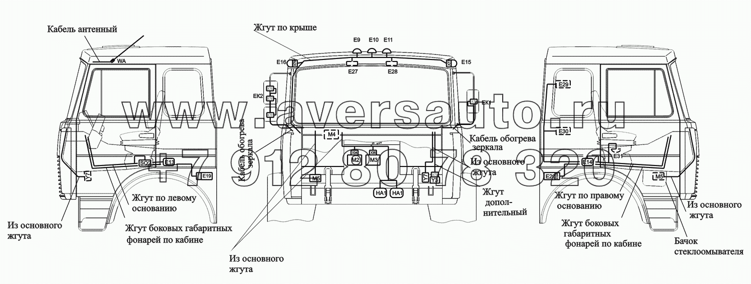 Расположение элементов электрооборудования на большой кабине автомобилей-самосвалов с боковой разгрузкой