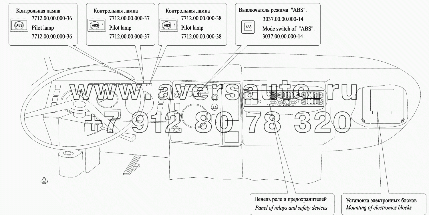 Расположение электронных систем в кабине автомобиля МАЗ-551608, МАЗ-630308 с прицепом