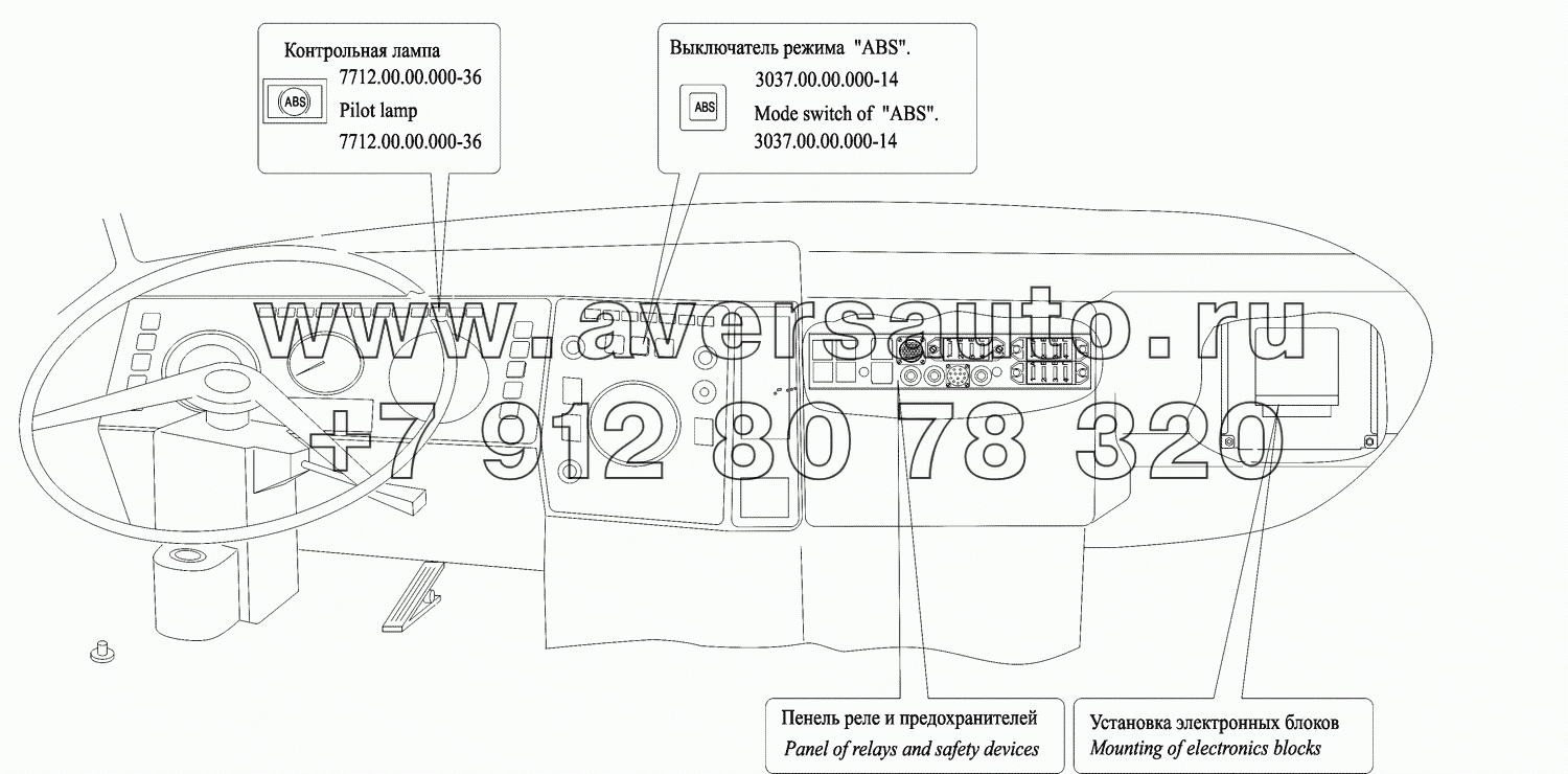 Расположение электронных систем в кабине автомобиля МАЗ-551608, МАЗ-630308 без прицепа