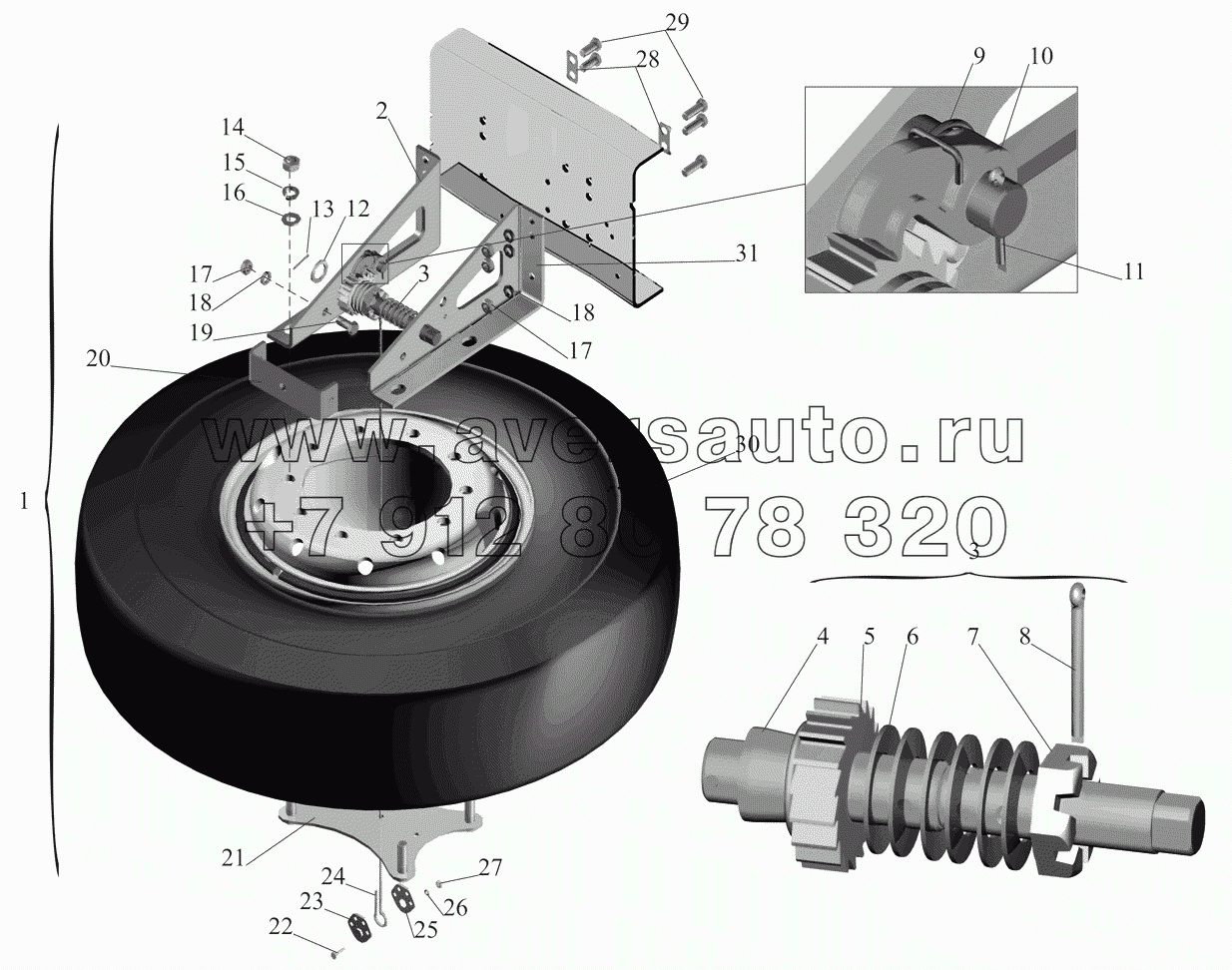 Установка запасного колеса 54321-3100001-10, 543217-3100001-10, 55514-3100001, 55514-3100001-700