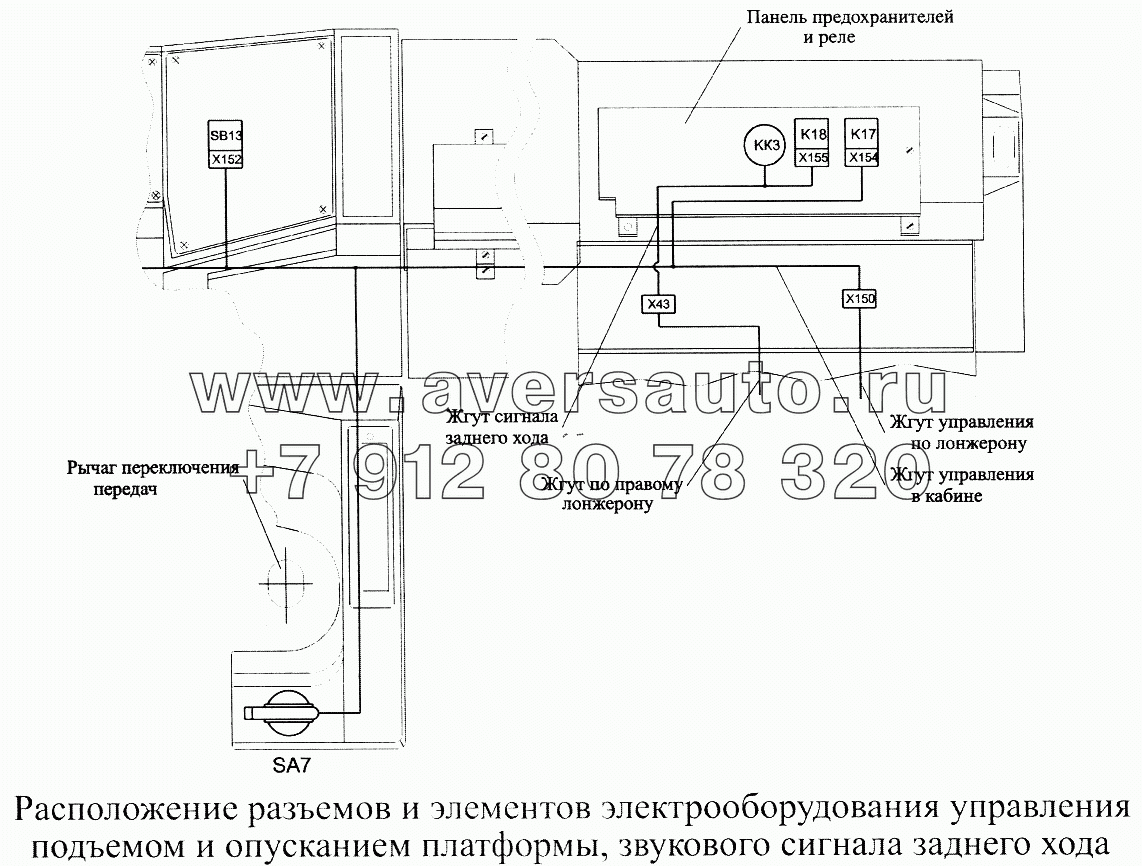 Расположение разъемов и элементов электрооборудования управления подъемом и опусканием платформы, звукового сигнала заднего хода