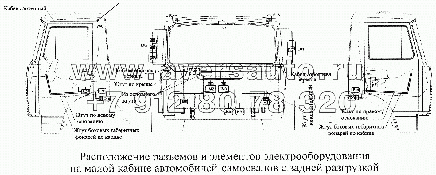 Расположение разъемов и элементов электрооборудования на малой кабине автомобилей-самосвалов с задней разгрузкой