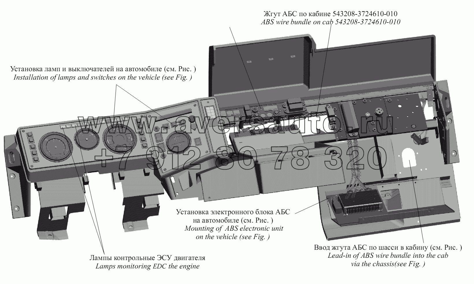 Расположение элементов системы АБС в кабине автомобиля 543208-3700120-020