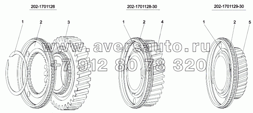 Шестерни 2-й, 3-й, 5-й передачи 202-1701126, 202-1701128-30, 202-1701129-30