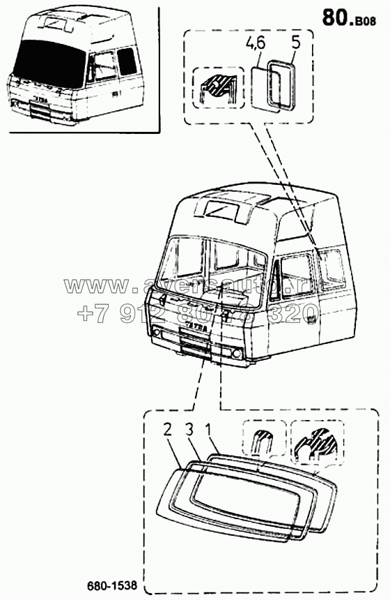 Стекла передних и боковых окон, уплотнители (680)