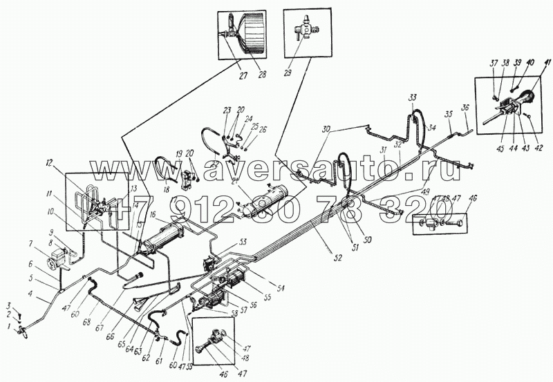 Схема пневмогидравлических тормозов автомобиля Урал-377 (Рис. 95)