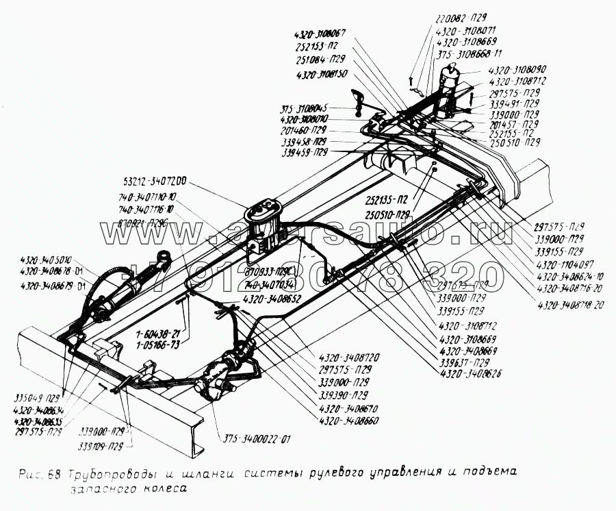 Трубопроводы и шланги системы рулевого управления и подъема запасного колеса