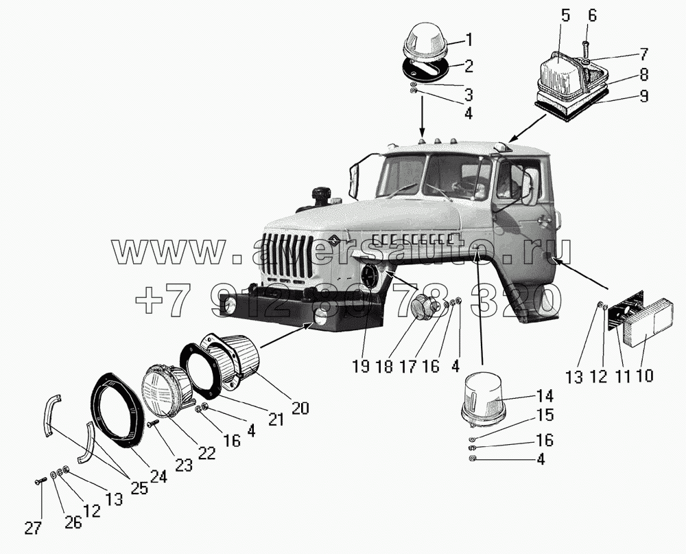 Установка фар, фонарей знака автопоезда, габаритных и указателей поворота