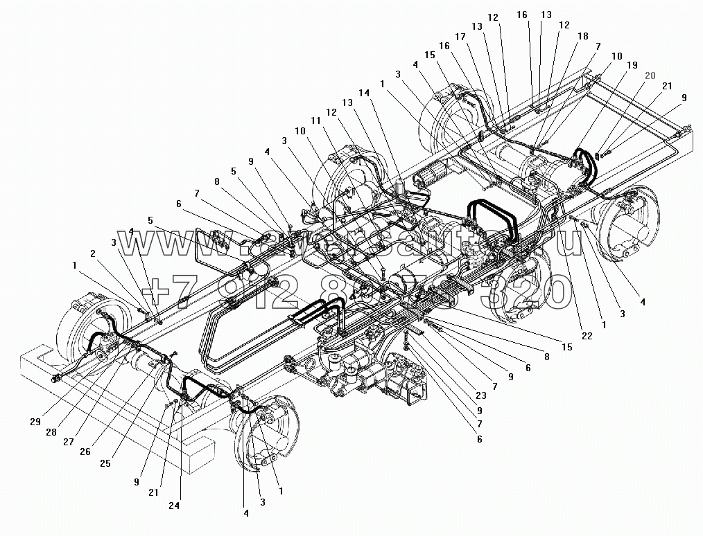 Крепление трубопроводов и шлангов гидропневматического привода рабочих тормозов