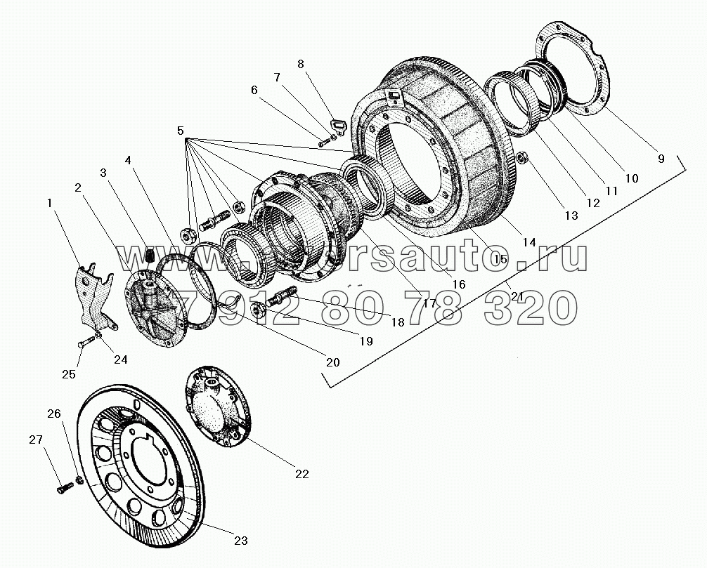Ступица колеса и тормозной барабан переднего и заднего моста (с АБС)