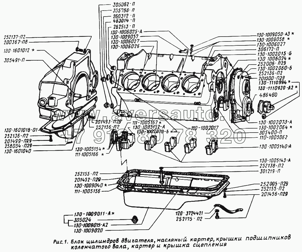 Блок цилиндров двигателя, масляный картер, крышки подшипников коленчатого вала, картер и крышка сцепления