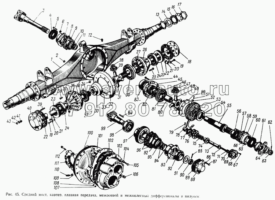 Средний мост, картер, главная передача, межосевой и межколесный дифференциалы и полуоси