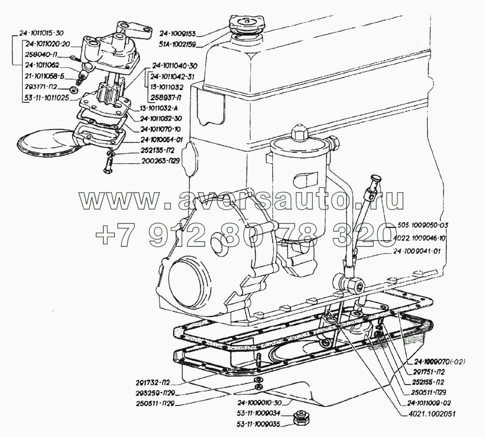 Картер масляный, указатель уровня масла, насос масляный, крышка маслоналивного патрубка двигателей ЗМЗ-402