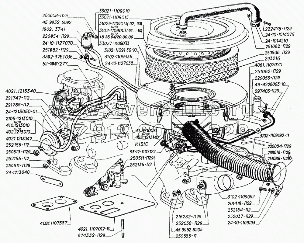 Карбюратор, фильтр воздушный, электромагнитный клапан, клапан рециркуляции с термовакуумным выключателем, вентиляция картера двигателей ЗМЗ-402