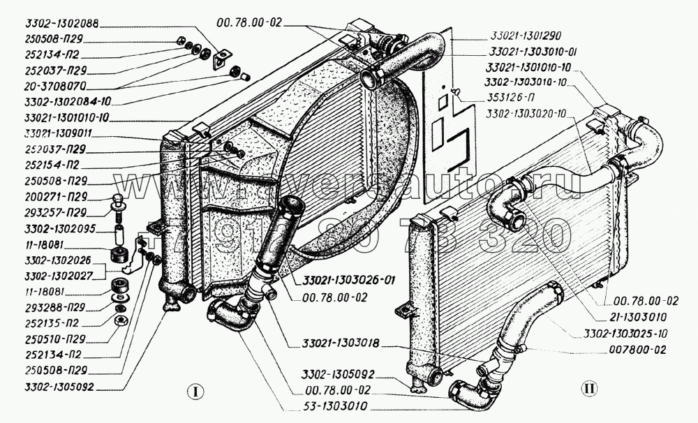 Радиатор, подвеска радиатора, трубопроводы и шланги (для автомобилей выпуска до 1998 года): I- для двигателя ЗМЗ-402, II- для двигателя ЗМЗ-406