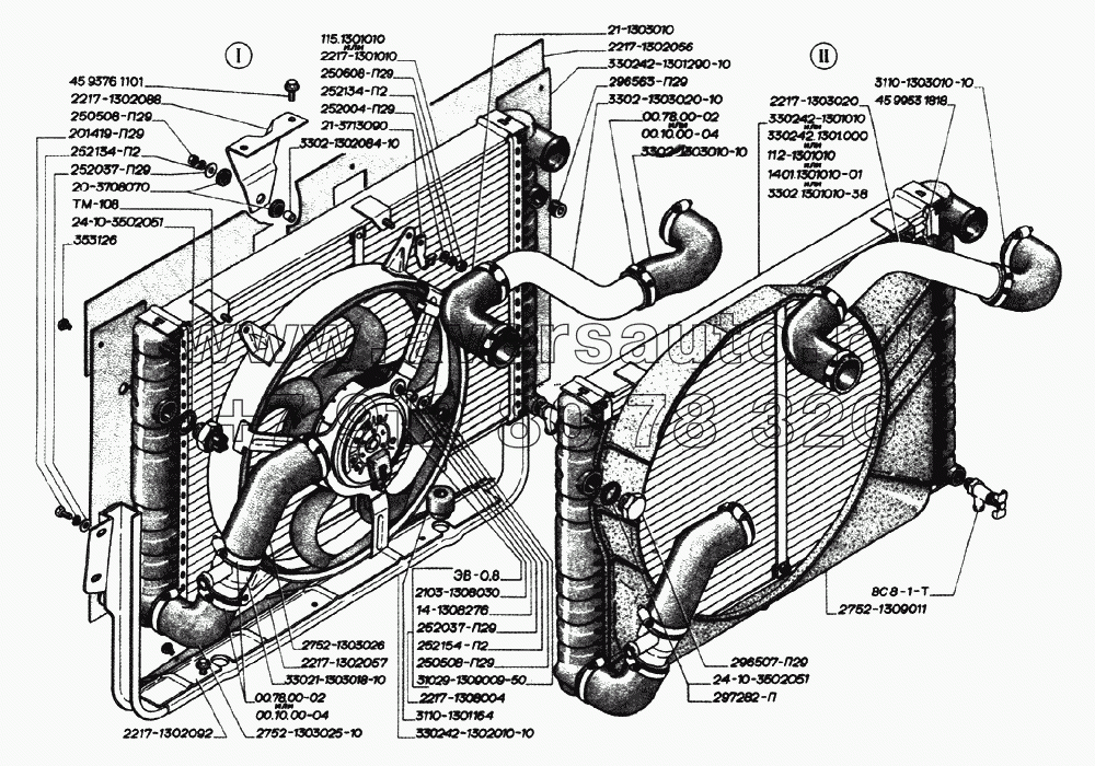 Радиатор двигателей ЗМЗ-406 (для автомрбилей выпуска с октября 2002 года): I-с электровентилятором, II-с механическим приводом