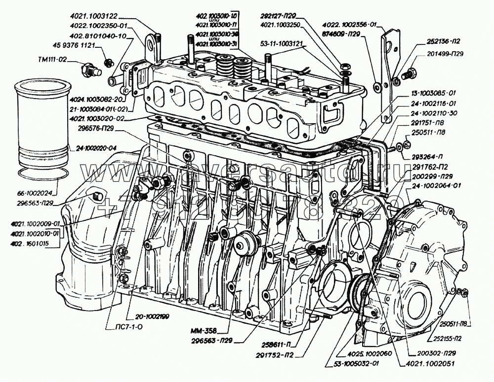 Блок и головка цилиндров, датчик масла и датчик перегрева охлаждающей жидкости двигателей ЗМЗ-402